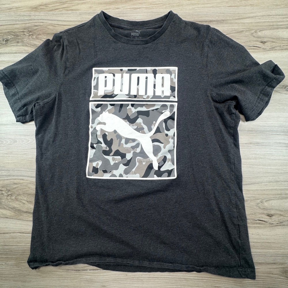 Puma Mens Large TShirt Gray Camo Logo Graphic Short Sleeve Crew Neck Casual Tee‎